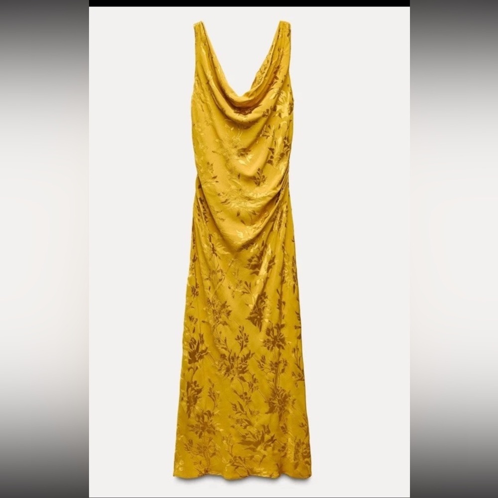 ZARA bloggers fav Satin Floral Jacquard Midi Maxi Dress Open Back Yellow Gold M - Picture 6 of 10